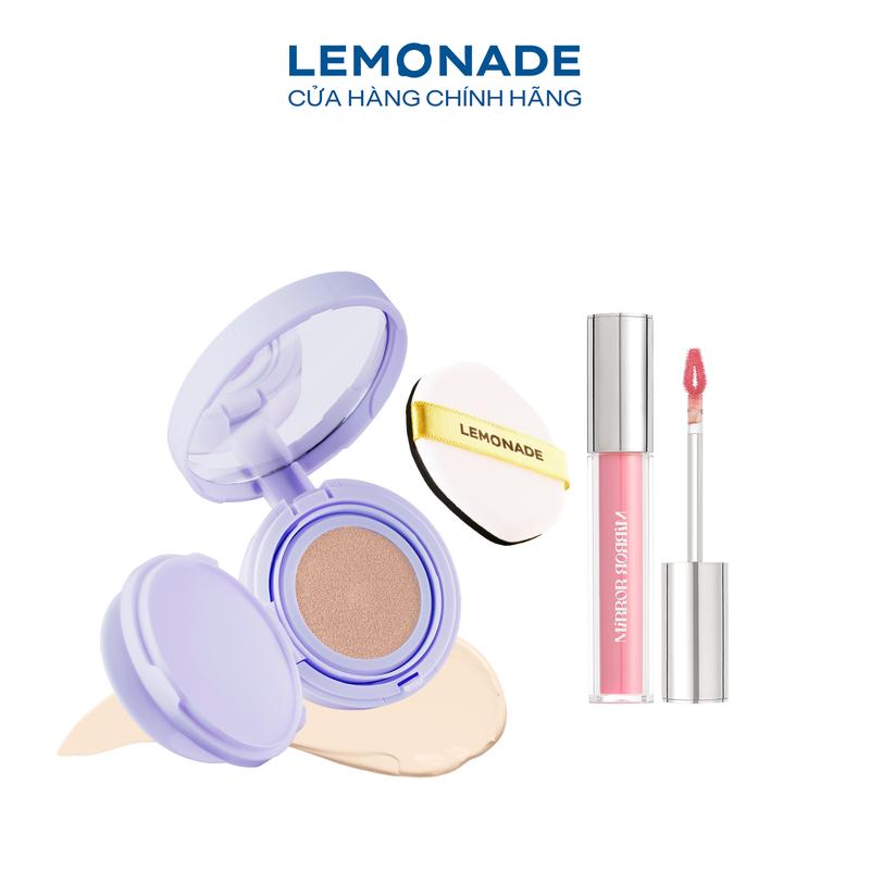  Combo 01 Phấn nước mỏng nhẹ kiềm dầu thuần chay chống nắng Lemonade Supermatte No Makeup Cushion 15g và 01 Son tint bóng không dính siêu lỳ Lemonade Mirror Mirror Water Tint 4g 