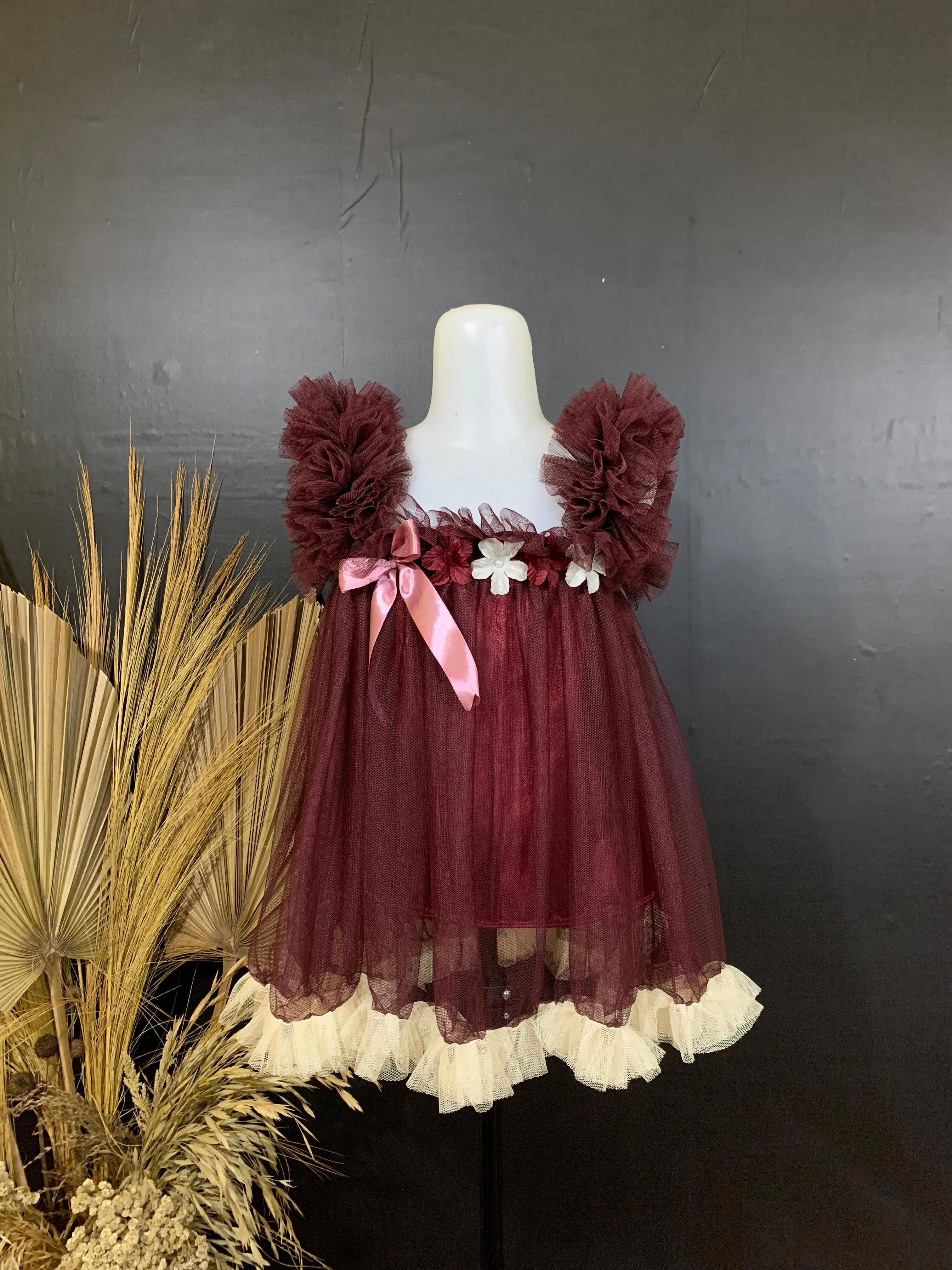 DRESS ANAK BUNGA BURGUNDY PREMIUM CANTIK VIRAL MANIS ANGGUN