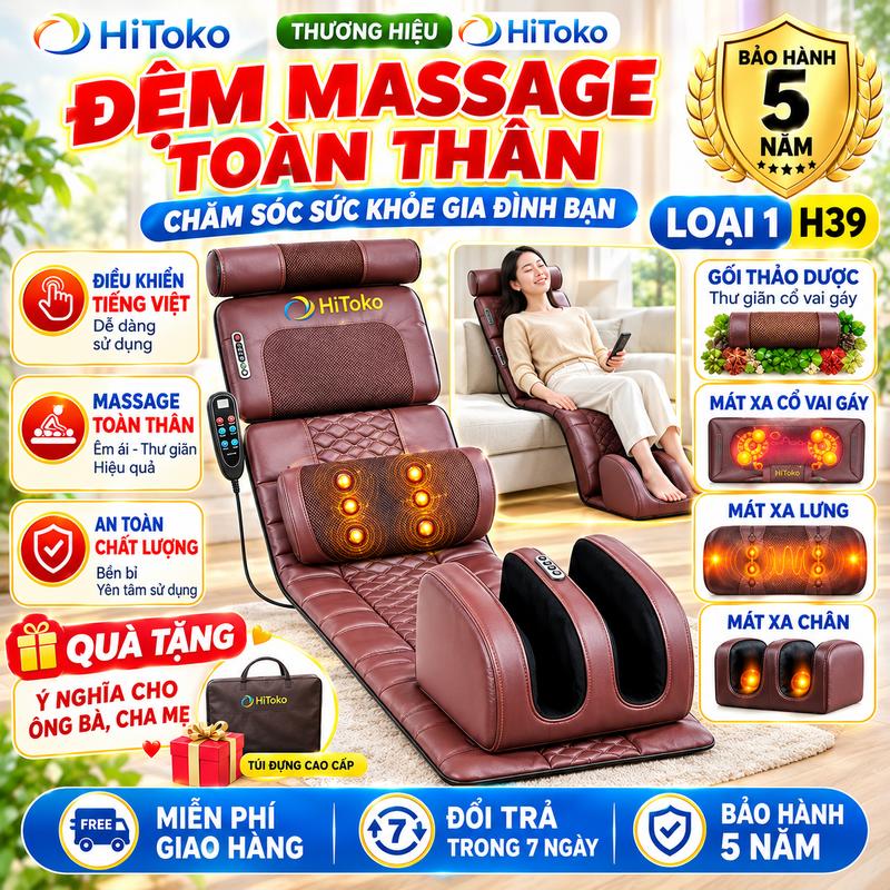 Đệm Massage Toàn Thân Đa Năng Hitoko H39, Thảm Massage Hồng Ngoại, Có Gối Thảo Mộc Thơm Và Massage Chân Thư Giãn, Thảm Mát Xa Cổ, Lưng, Chân, Nệm Massage Toàn Thân Đa Năng, Bảo Hành 5 Năm