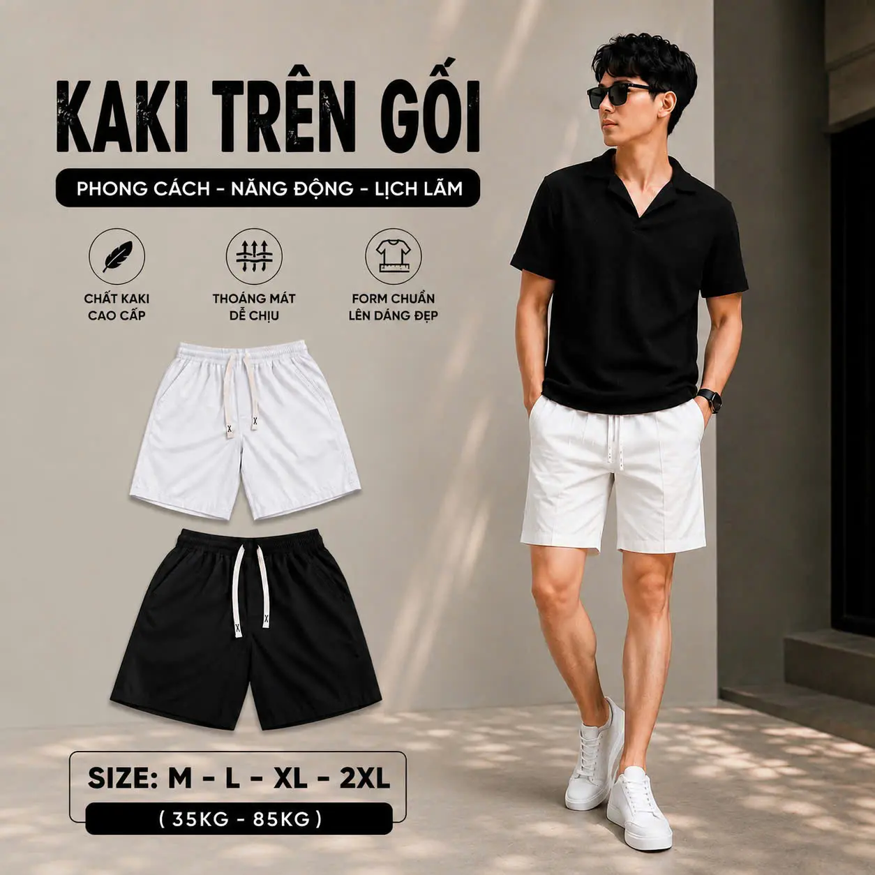 Quần Short Nam Kaki Cao Cấp Trên Gối From Đẹp Dáng Chuẩn - Thoáng Mát Mềm Mịn có 2 Túi Dọc , 1 túi Sau Tiện Lợi - size M-2XL (35- 85kg)