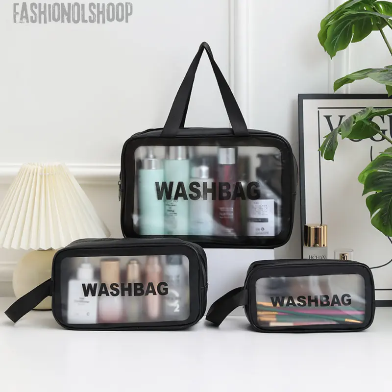 Tas Kosmetik Washbag Travel Pouch Make Up Organizer Transparan Waterproof Kecil Portable Wash Bag Murah Bagus Hitam Pink 0