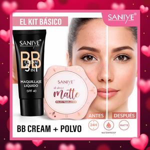 SANIYE Set De Base De Maquillaje Líquida BB Cream + Polvos Fijadores Mate Translúcidos, FPS 40, Resistente Al Agua y Con Control De Grasa, Acabado Mate Natural, Larga Duración.