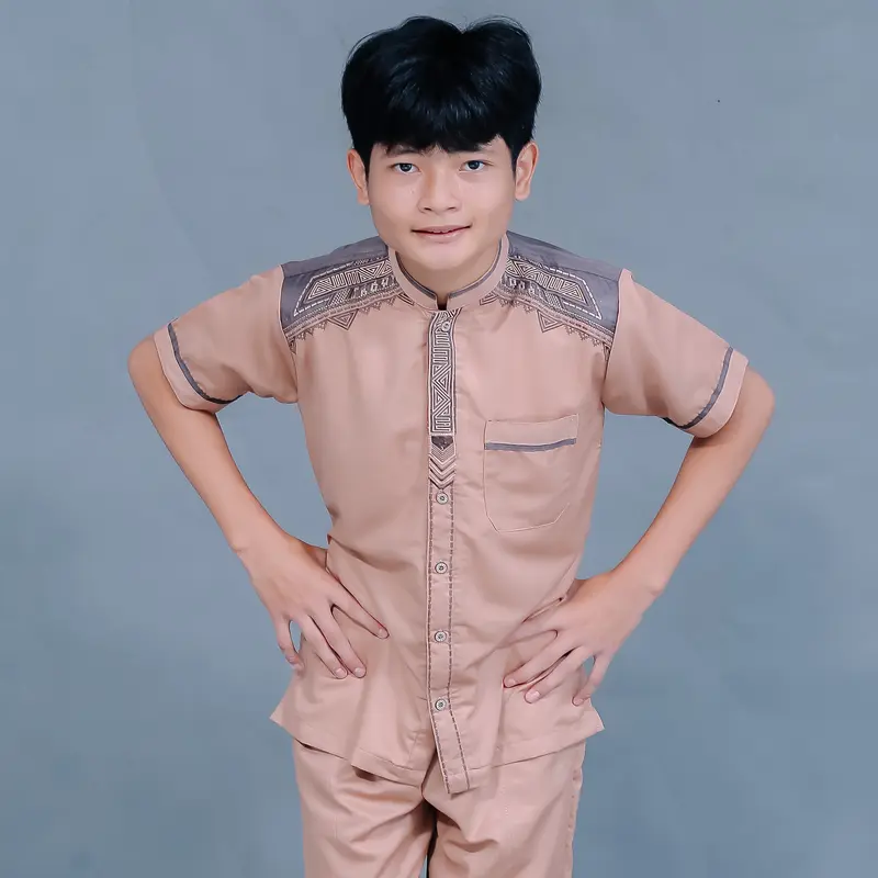 [Asriyani] Setelan Baju Koko Anak Azzam Lengan Pendek Muslim Pria Kombinasi Bordir Simpel Elegant Katun New Roky 2