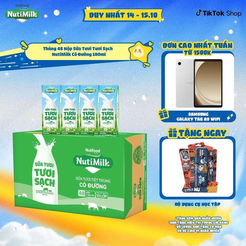 Thùng 48 Hộp Sữa Tươi Tươi Sạch NutiMilk Có Đường 180ml