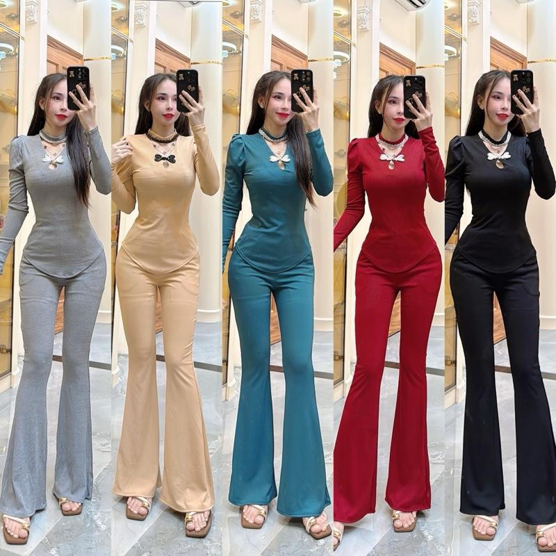 Mã C309 Sét Tay Dài Cổ Phối Ren Quần Dài Loe + Dài Ôm Thun Gân Tăm Lạnh