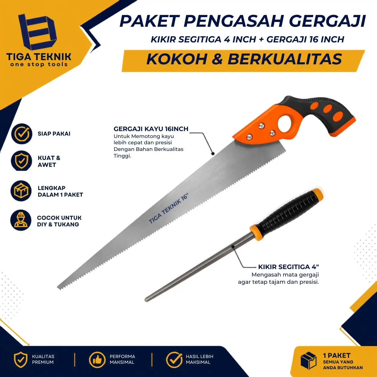 TIGA TEKNIK PAKET KOMBO HEMAT Kikir Gergaji 4 Inch FREE Gergaji Kayu 16 Inch Flexible