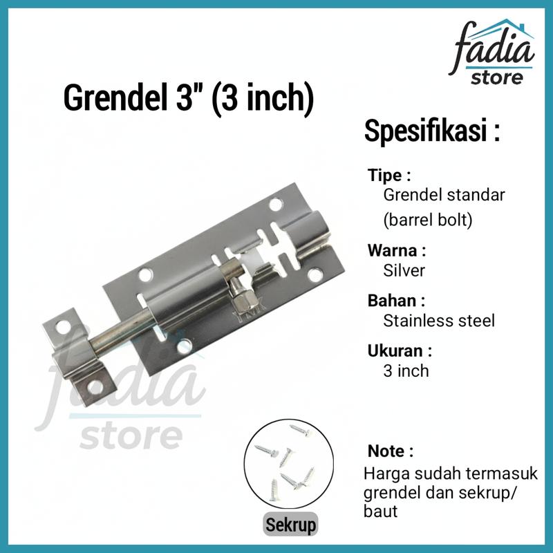 Grendel 3 inch Silver Stainless Steel/ Kunci Slot Pintu dan Jendela ...