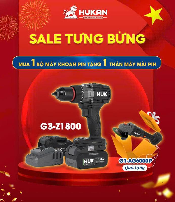 [TẶNG THÂN MÁY MÀI 6000P] Máy khoan pin 13mm Z1800 Hukan, lực siết 125N, có tắt mở antikickback, tạo xung, chiến công trình khỏe