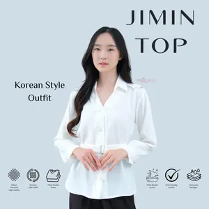 PRQUEEN Jimin Top Oversize Kemeja Basic Casual Korean Style - Kemeja Kerja Formal Wanita Tangan Panjang Variasi Kancing - Baju Atasan Slim Fit M-XXL