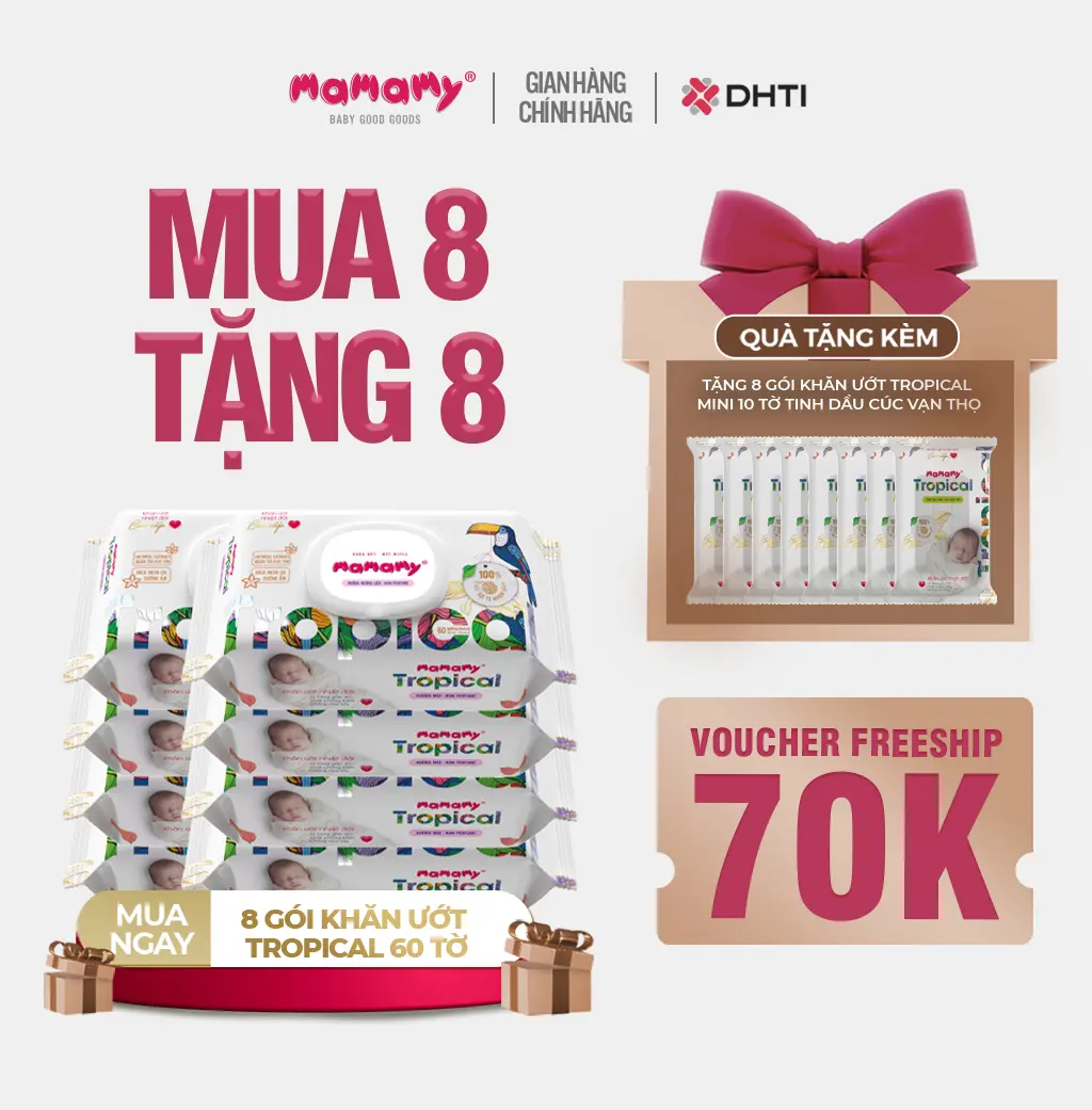 [MUA 8 TẶNG 8] MUA 8 gói khăn ướt Mamamy Tropical 60 tờ cao cấp chính hãng cho mẹ và bé, sợi vải thuần tự nhiên và rayon, x2 chất chống hăm, bổ sung tinh chất thiên nhiên TẶNG 8 gói khăn ướt Mamamy Tropical mini 10 tờ tinh dầu cúc vạn thọ