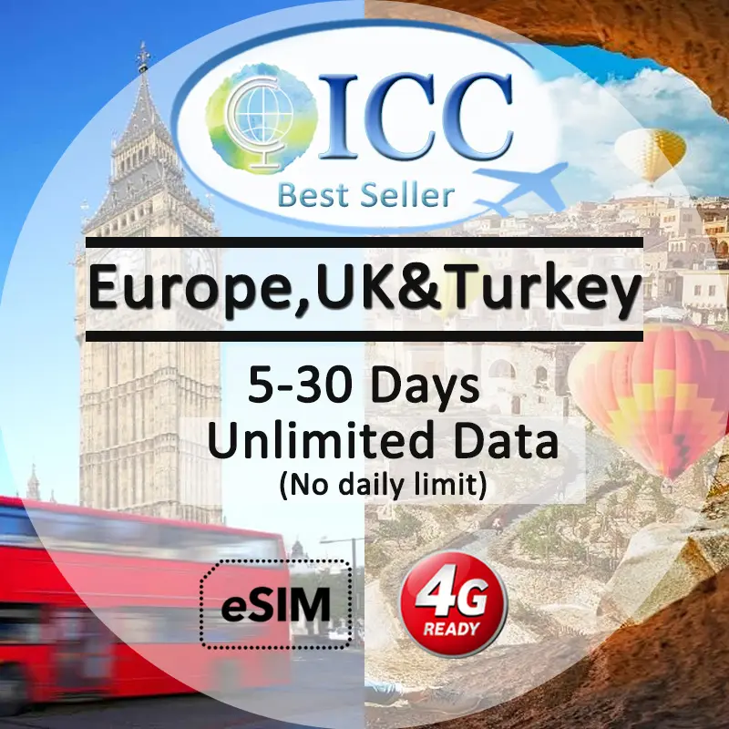 ICC Travel SIM- UK, Europe & Turkey (EU-i) 7-30 Days Unlimited Data-embedded SIM