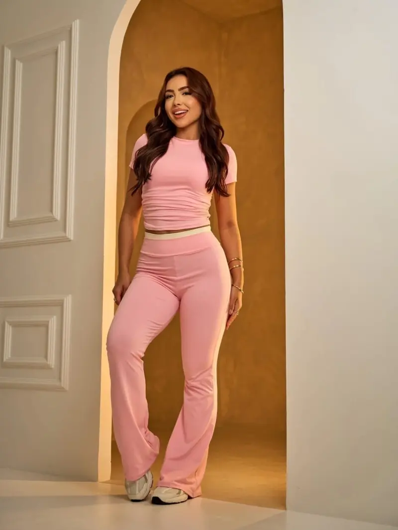 conjunto blusa baby teen e calça bicolor tecido suplex