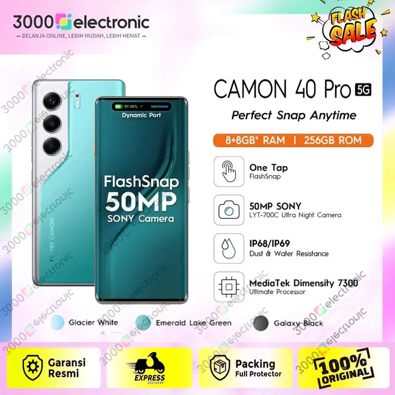 TECNO CAMON 40 Pro 5G - RAM 8+8GB*/256GB, Mediatek D7300 Ultimate, 6.78” FHD+144HZ 3D Curved Amoled, 5200mAh - Garansi Resmi 3