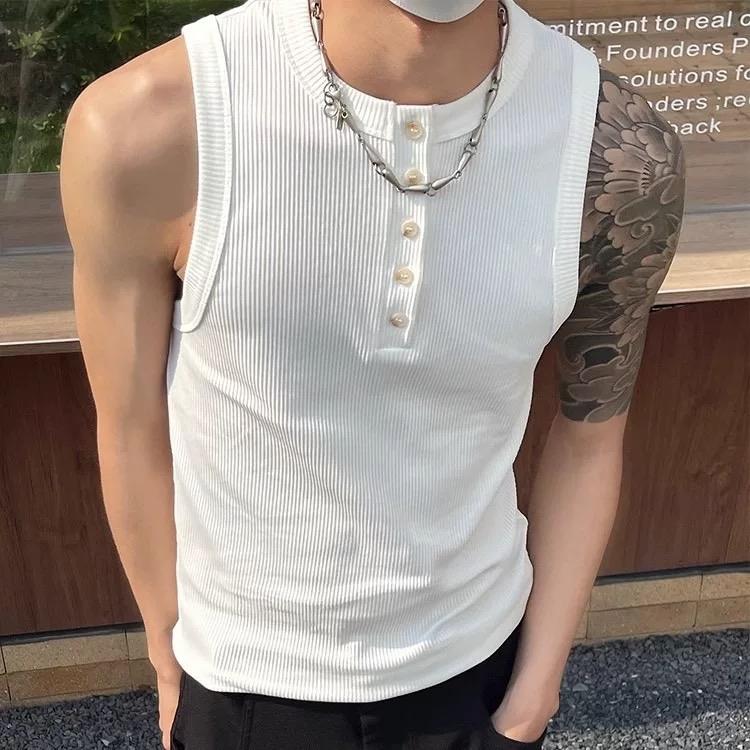 Áo tanktop nam xẻ trụ nút cài , vải thun gân , fom body [ Mã 131]