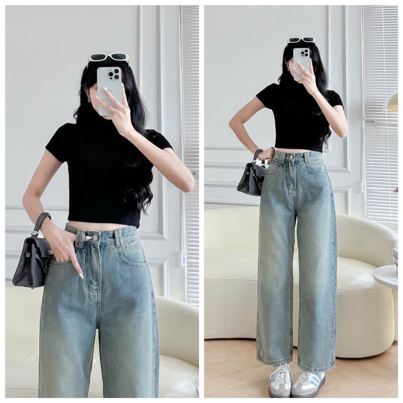 (2 form dài 94cm và 100 cm) Quần Jeans Nữ Ống Suông, Lưng cao 1 Cúc, Phối Đai Đôi Kiểu_ Trơn Đơn Giản Dễ Mix Đồ Ms 451
