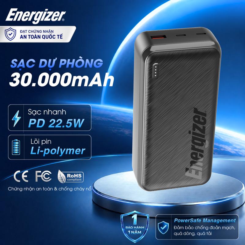 Pin sạc dự phòng Energizer 30000mAh/3.7V Li-Polymer - sạc nhanh 22.5W, 3 cổng sạc ra tiện lợi bảo hành 2 năm