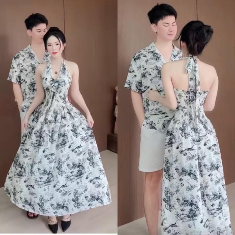 ( S - 71 ) Set đồ đôi nam nữ couple váy yếm maxi dáng dài hoạ tiết và áo sơmi nam chất lụa, đồ đôi mặc cùng người yêu, đồ đôi mặc đi biển