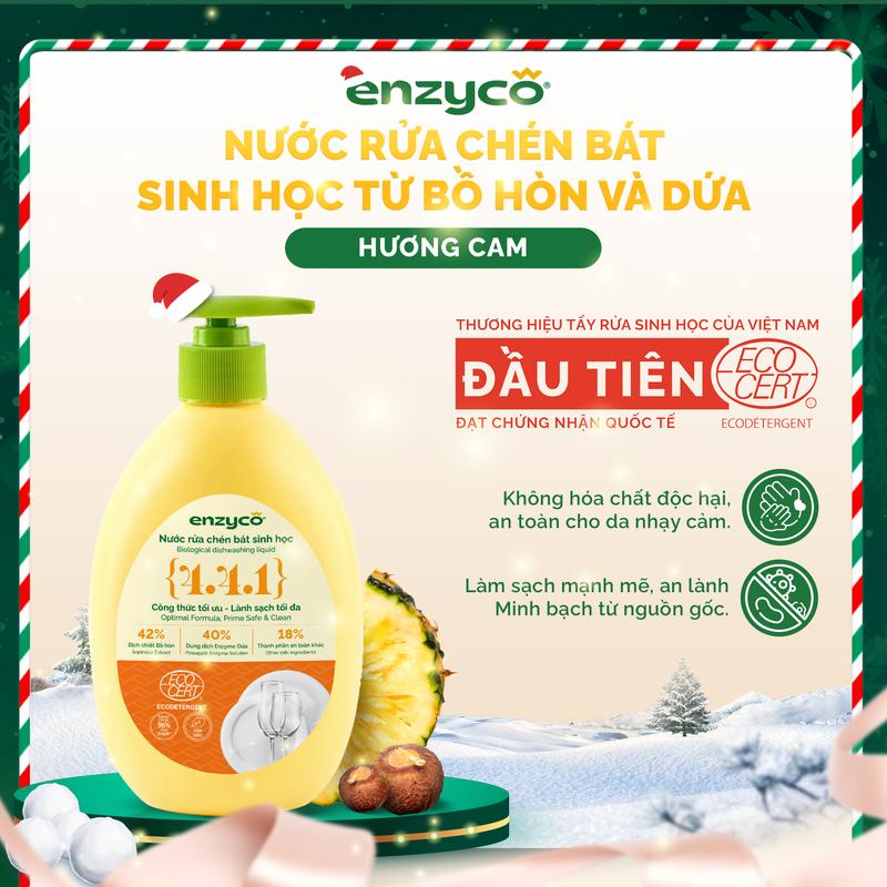 Nước rửa chén bát sinh học ENZYCO đạt Chứng nhận ECODETERGENT-ECOCERT từ Bồ Hòn và Dứa - Khử mùi tanh sạch dầu mỡ an toàn cho da nhạy cảm - Hương thơm từ Tinh Dầu Gừng Tinh dầu Cam Tự Nhiên 465ml