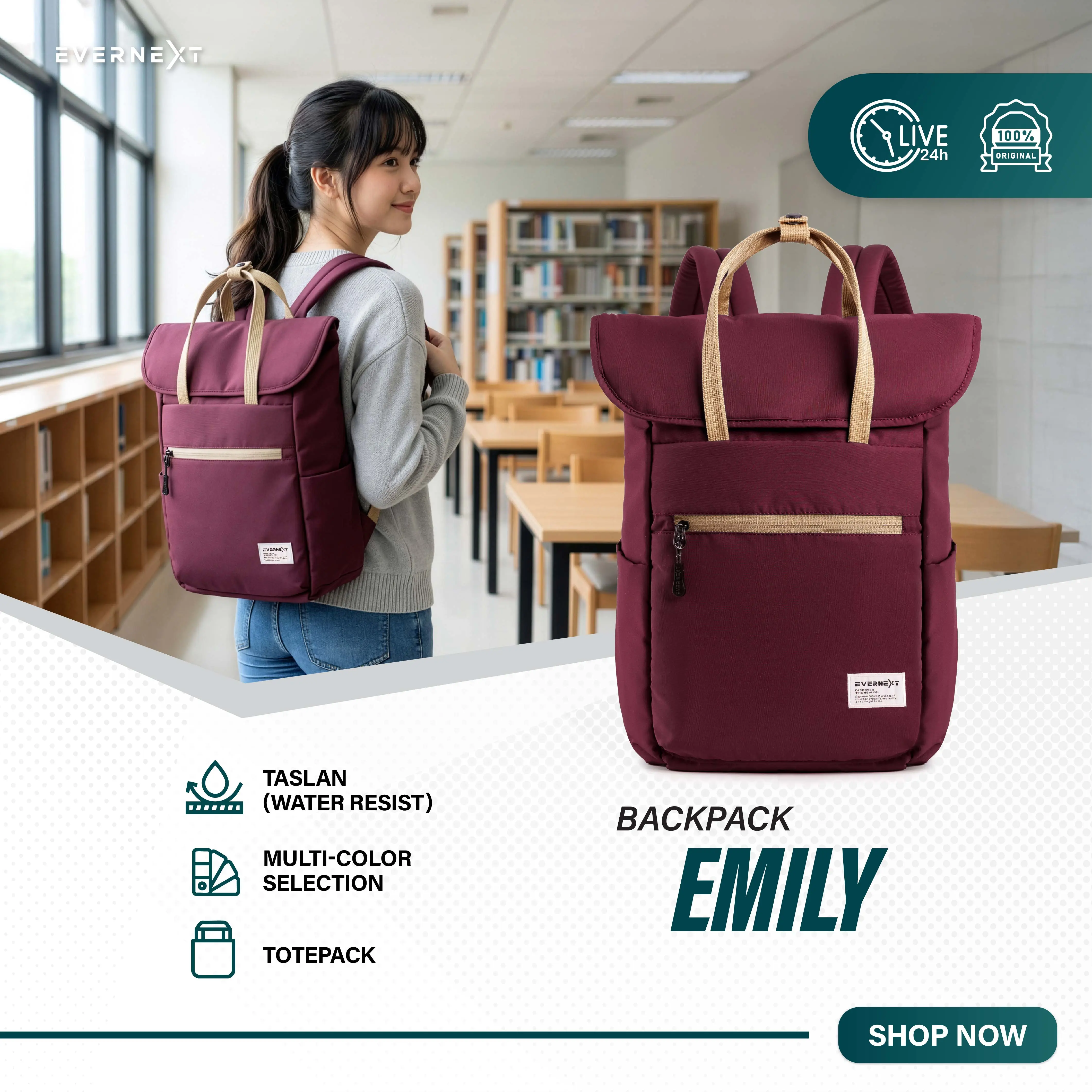 EVERNEXT Tas Ransel Wanita Tas Sekolah Tas Kuliah Wanita Backpack Emily Tas Punggung Laptop Wanita Terbaru