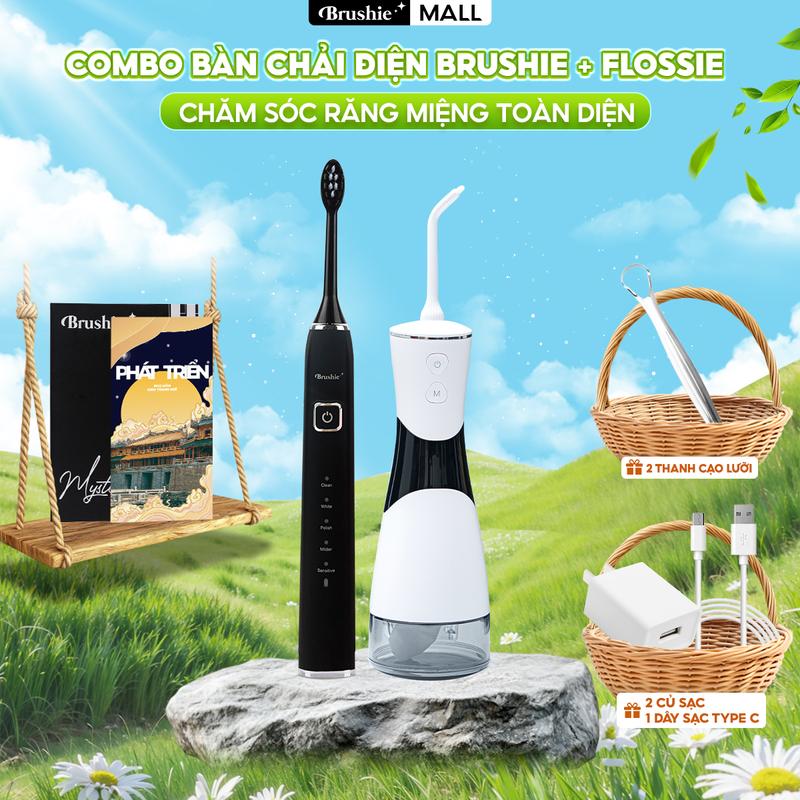 [SIÊU SALE] Combo bàn chải điện Brushie Ultra Plus chính hãng và tăm nước FLOSSIE ULTRA đầu phun 2 chiều hỗ trợ làm sạch hiệu quả  - TẶNG 2 CỦ SẠC + 2 THANH CẠO LƯỠI + 1 DÂY SẠC TYPE C