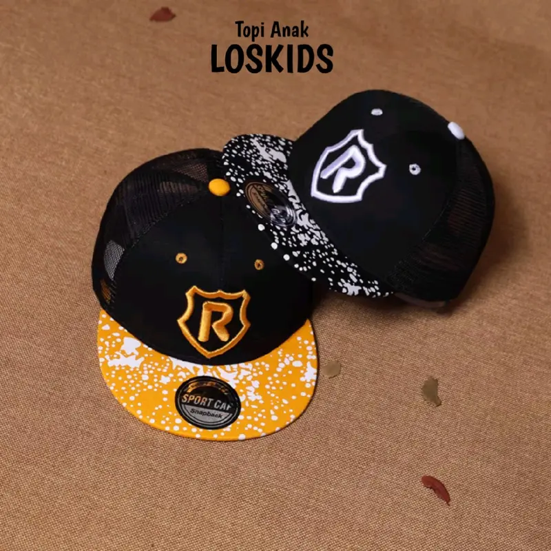 Topi Anak Hiphop atau Snapback Topi Jaring Logo R Buat Anak Usia 2 sampe 10 Tahun Hitam Kombinasi Kuning atau putih 2