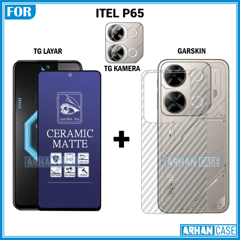 Paket Triple 3in1 Tempered Glass untuk Itel P65 P55 4G P55 5G Garskin 3D Plus Pelindung Lensa Camera 1