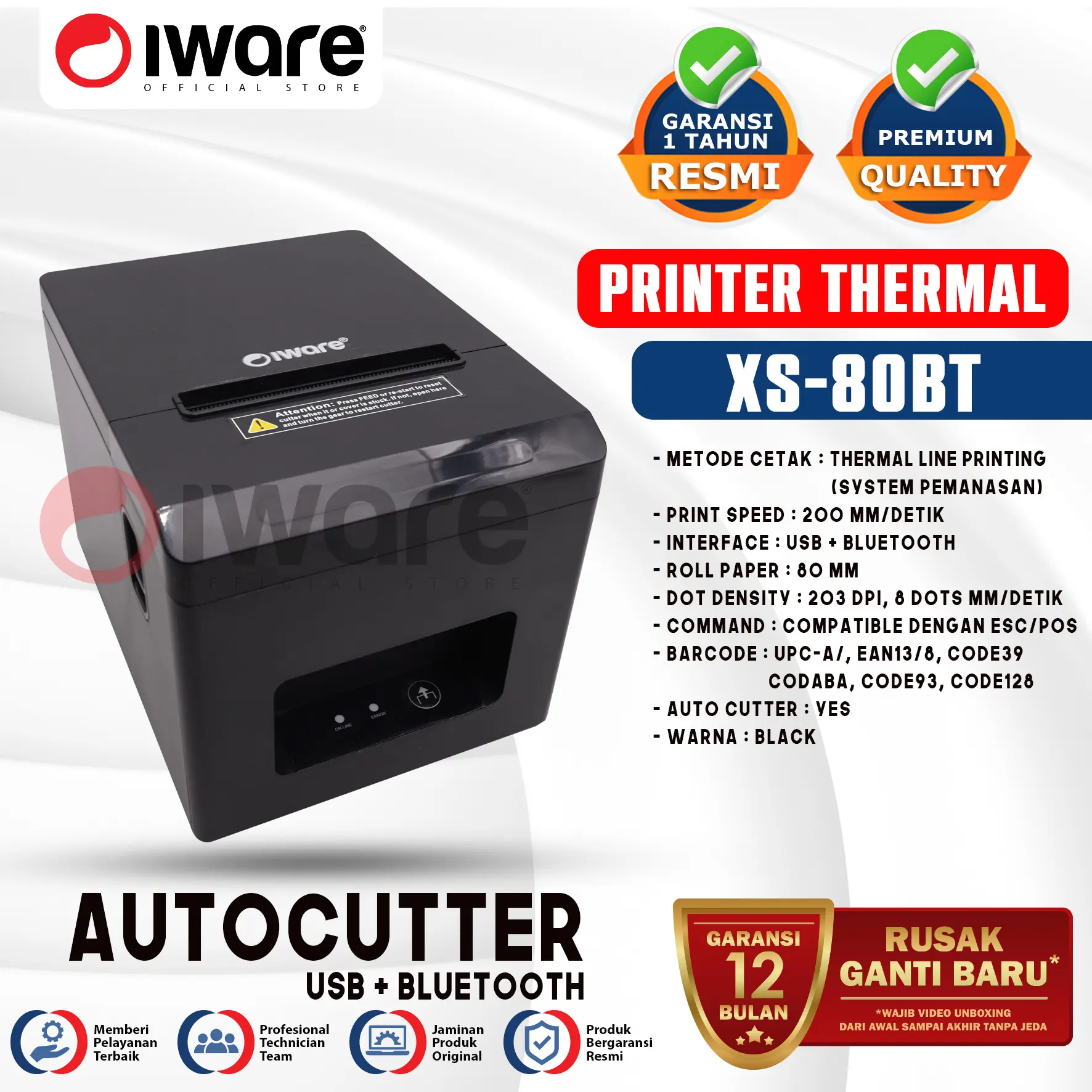 Iware Printer Kasir Thermal X-SERIES XS-80UL | XS-80BT 80MM Autocutter USB+LAN | USB+BLUETOOTH Rj11