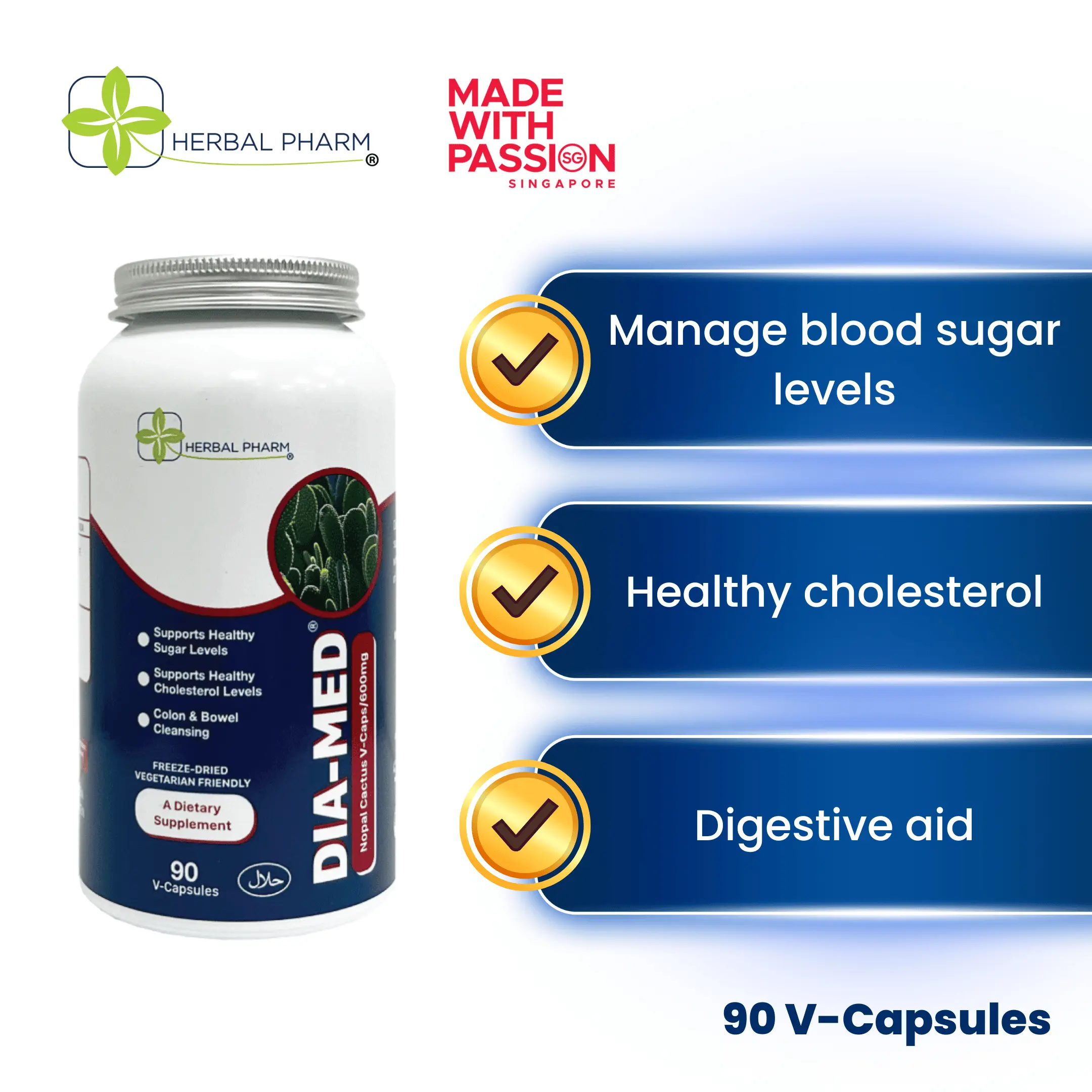 Herbal Pharm Dia-Med Nopal Cactus 90 V- Capsules, Regulates Blood Sugar Levels and Health Well-Being