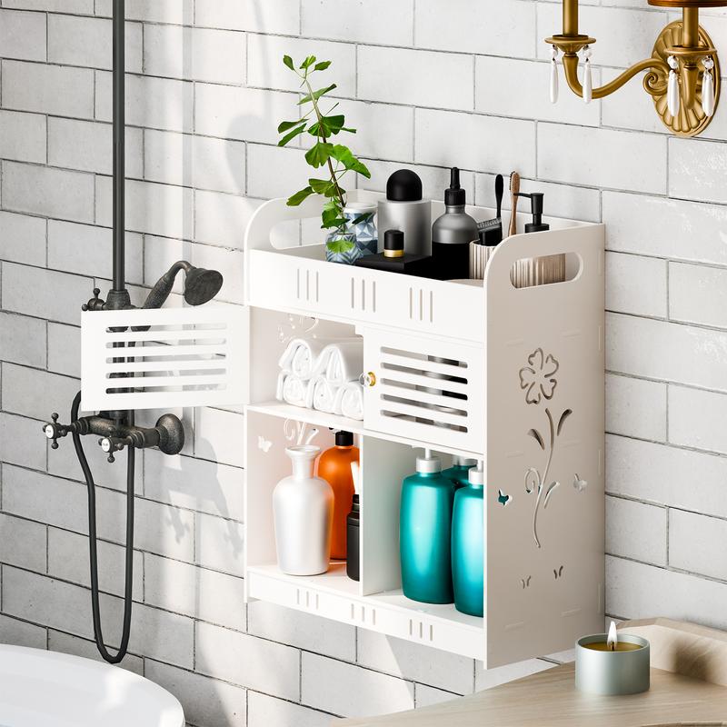 Bathroom Cabinet with Hollow Flower Carved, Wall-Mounted Bathroom Storage Cabinet, Bathroom Toilet Storage Shelf, Punching Free Cosmetics Storage Organizer with 2 Doors and Opening Shelves 3