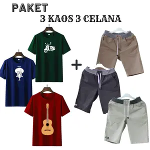 PAKET  3 CELANA + 3 KAOS STELAN PRIA KEREN  CELANA PENDEK SANTAI MURAH
