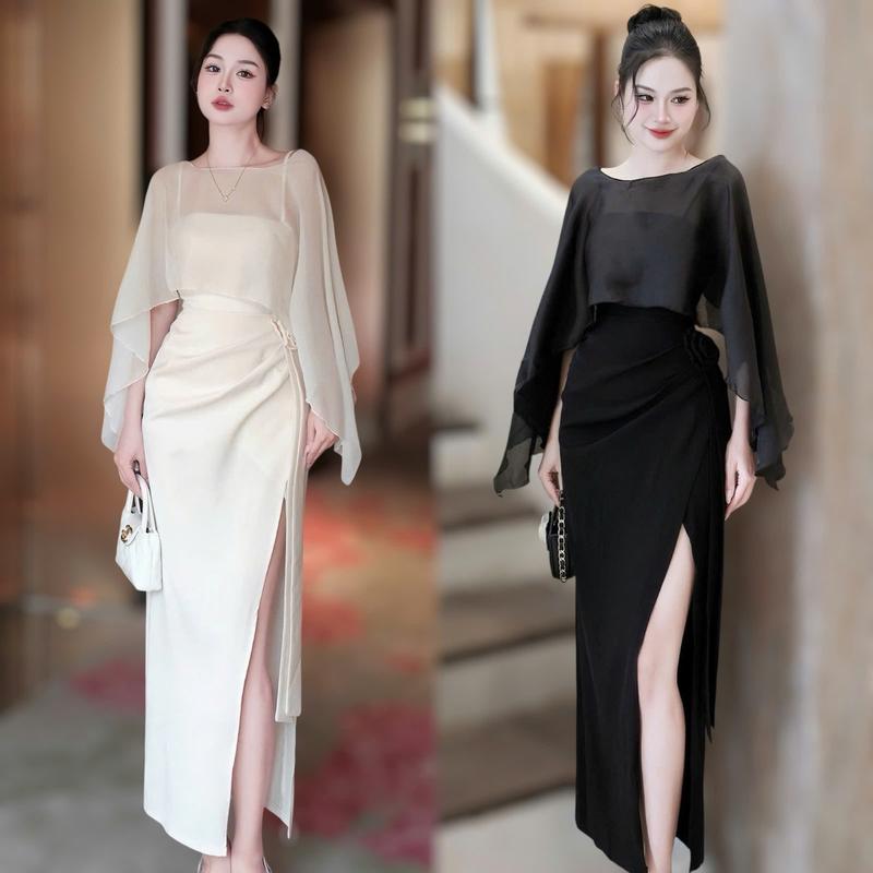 Váy BIGSIZE (50-120kg) dáng dài sang trọng, thanh lịch hack dáng đi tiệc được may 2 lớp tỉ mỉ- Ú XINH STORE   Đen Nữ Dress -D244 (Tuyết Mưa Nhúng Eo Kèm Áo Choàng)