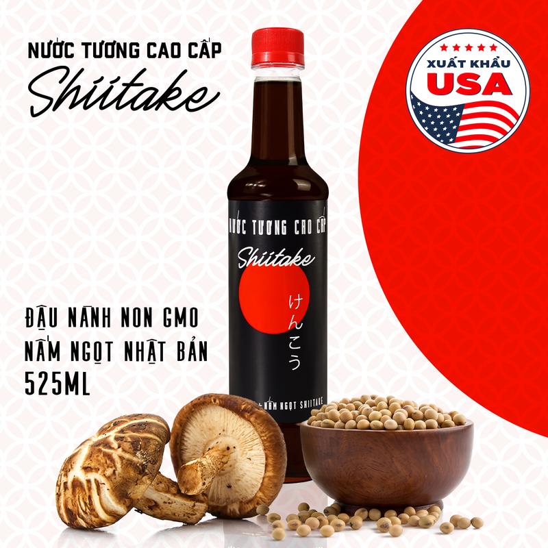 Nước tương cao cấp Shiitake lên men tự nhiên từ đậu nành và nấm ngọt Shiitake, chai nhựa 525ml.
