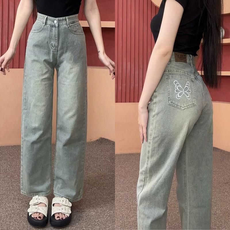 ZINLY SHOP Quần Jean Nữ Ống Suông Có Fom Ngắn 95cm Lưng Cạp Cao Túi Thêu Hình Bướm Hoa Màu Nhạt Vải Cotton Mềm Mát Không Co Giãn Q4188