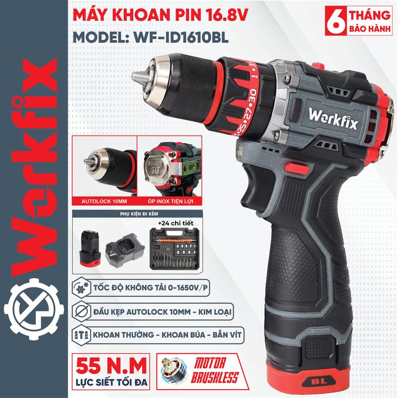  Máy Khoan Pin Mini WORKFIX 16.8V - ID1610BL Màu Xám Đầu kẹp 10mm autolock tặng kèm bộ phụ kiện 24 chi tiết 