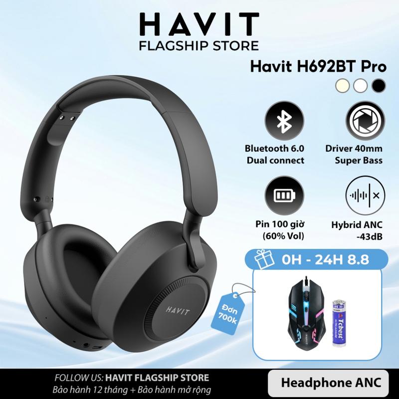 Tai nghe bluetooth headphone Havit H692BT Pro pin 100 tiếng kết nối 2 thiết bị…