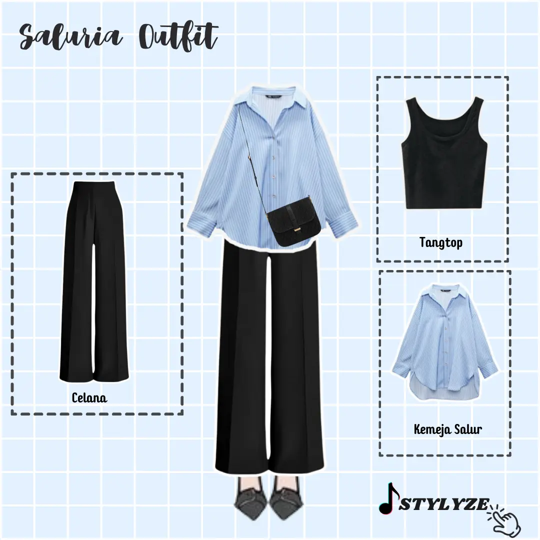 One Set Saluria 3in1 Setelan Wanita Kemeja Salur + Tangtop + Celana Jennie Outfit Mantai Ootd SZ12