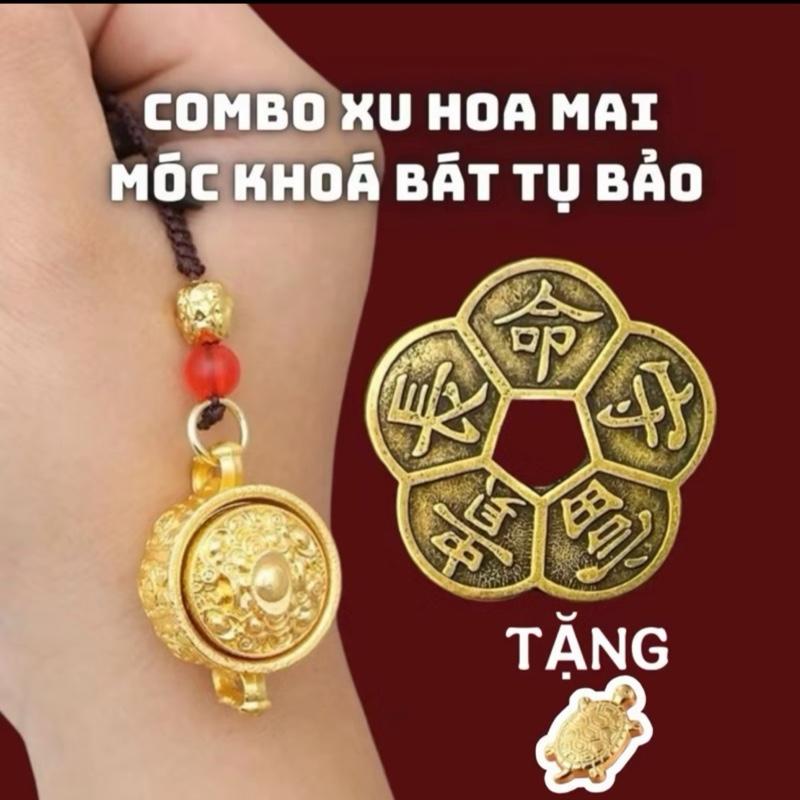   Tặng túi lộc  Combo đồng xu hoa mai và  Móc khoá đồng thau hình tụ bảo khắc 12 con giáp dùng để treo chìa khoá nhà khoá xe 