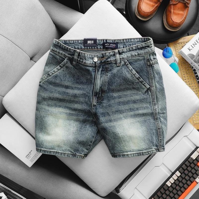 Quần short jean nam cotton ống rộng ngắn trên gối túi hôp