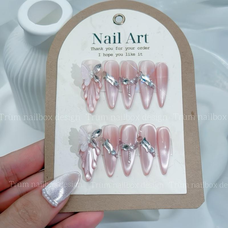 T65 Nailbox Sơn Gel thủ công mắt mèo ánh trăng hồng thạch đính charm cao cấp - Thiết kế thủ công tỉ mỉ cho móng tay đẹp