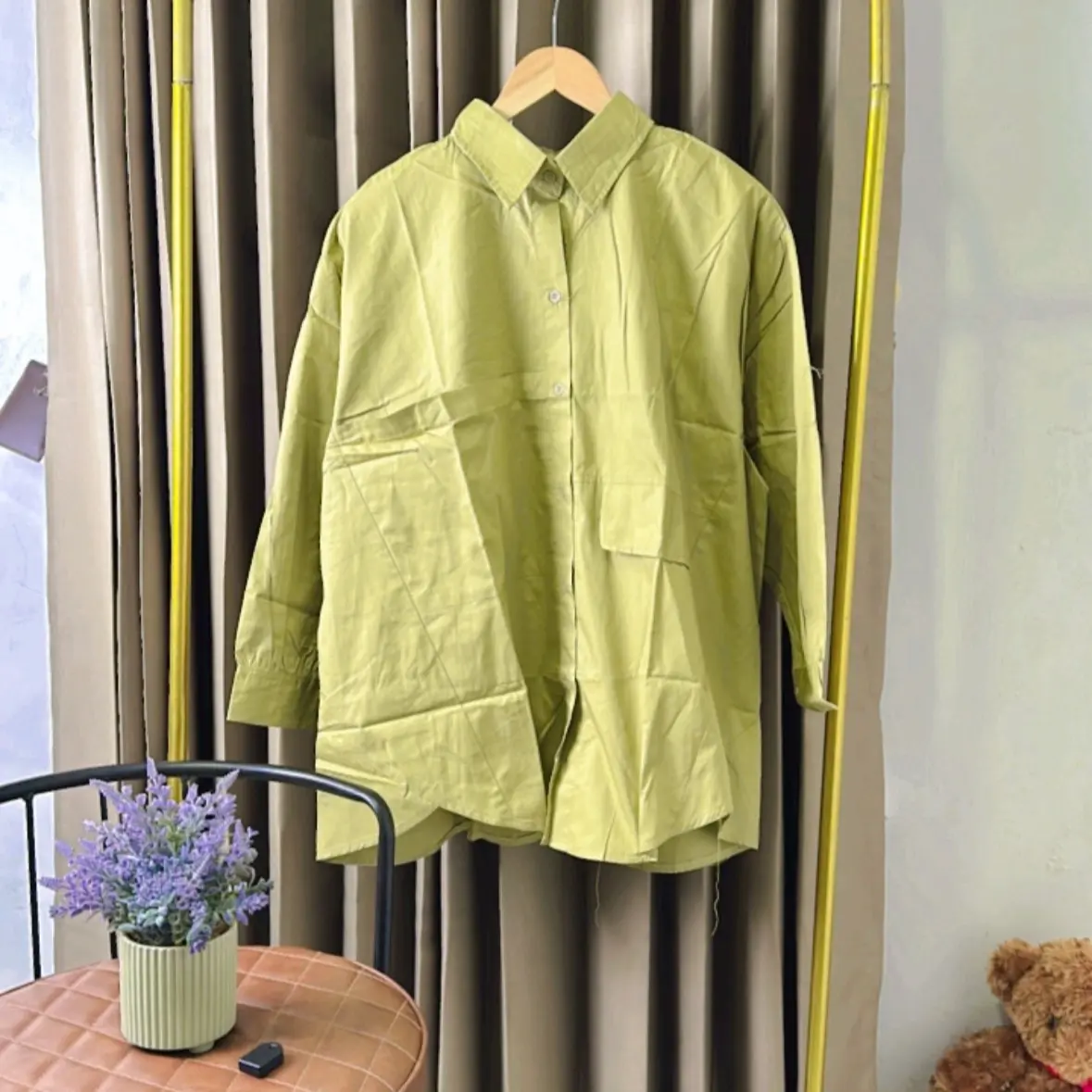 ALESSA Kemeja Oversize Bahan Katun Premium Lembut Warna Hijau Lime