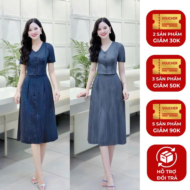 Chân váy lẻ KHÔNG KÈM ÁO thiết kế Nhật Vy kẻ sọc bigsize chất sọc kẻ thêu công sở văn phòng dự tiệc quà tặng vợ mẹ màu xám xanh - D3373