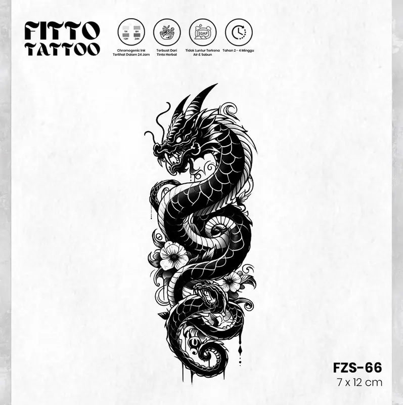 FITTO TATTO Tato Temporar Premium Semi Permanen FZS-66 Naga Ular Cobra 7x12 cm Tahan Air & Sabun Herbal Chromogenic Ink 1