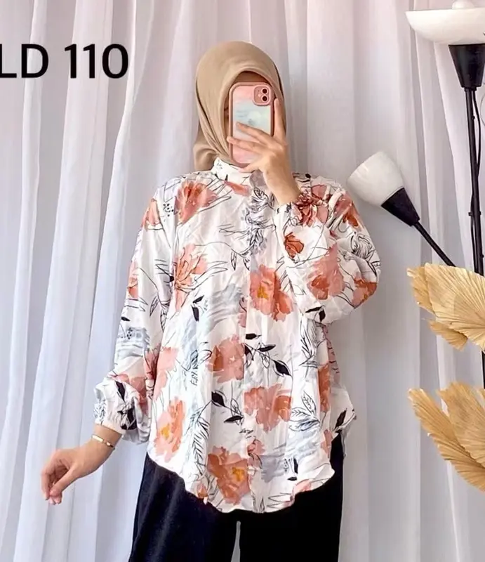 Kemeja Wanita Oversize Shirt Rayon Motif Premium - Kemeja Basic Blouse Lengan Karet 1