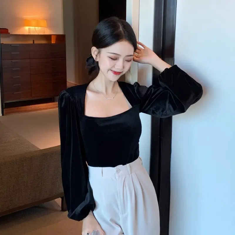 ONEFASHIONMALL SL033 Blouse Velvet Top Square Neck Long Sleeve Bluse Lengan Panjang Puff Atasan Baju Wanita 2