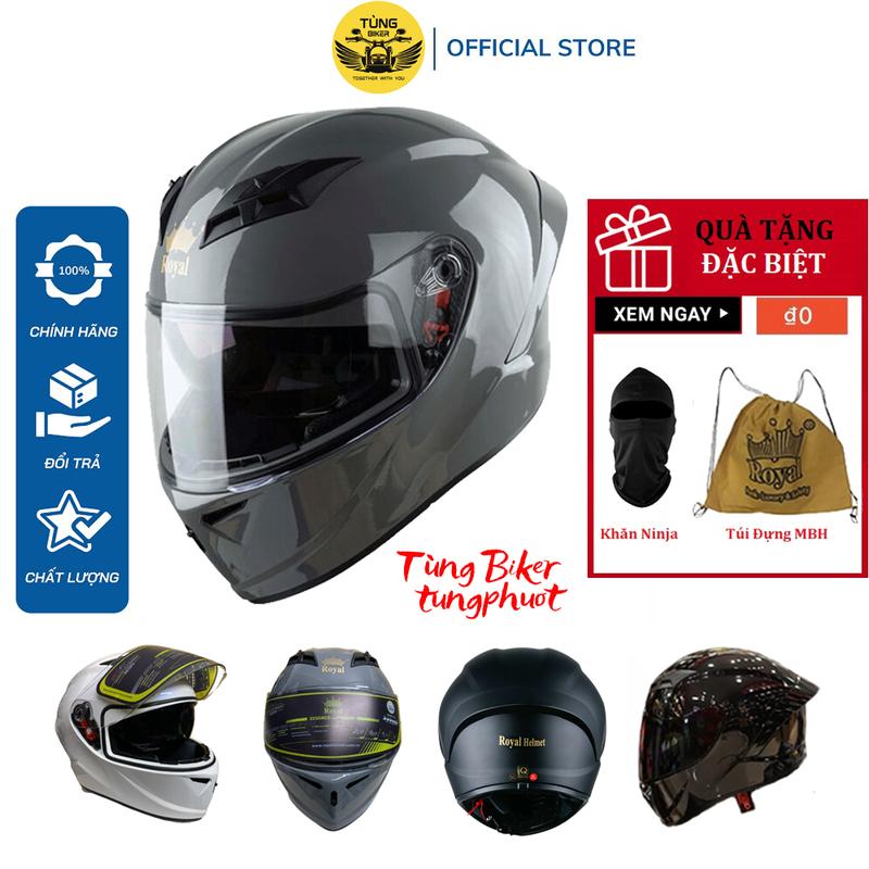 Mũ Bảo Hiểm Fullface 2 Kính ROYAL M266 Tem Trơn Tặng Khăn Trùm Đầu Ninja + Túi + Tem Cờ Helmet