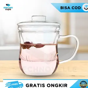 GELAS CANGKIR SARINGAN TEH TUTUP GAGANG KACA TAHAN PANAS WADAH KOPI