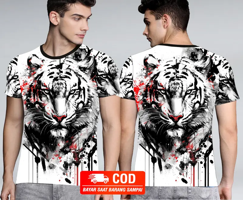 Kaos Motif Macan Depan Belakang Sablon Bahan Semi Katun Baju Distro Dewasa 0