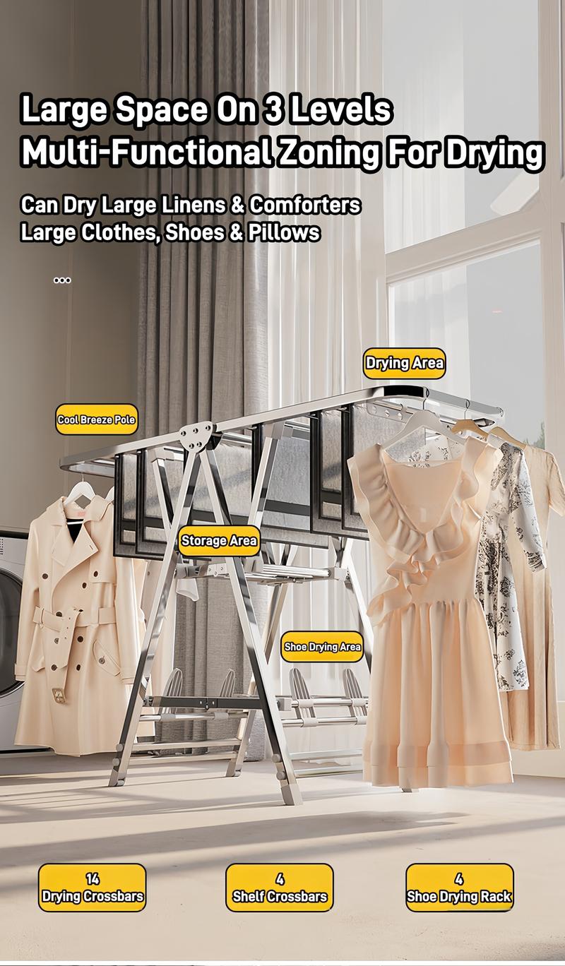 Product Introduction of [SG Stock]Foldable Clothes Drying Rack Multifunctional Laundry Rack With Wheel Stainless Steel Thickened Carbon Steel 18