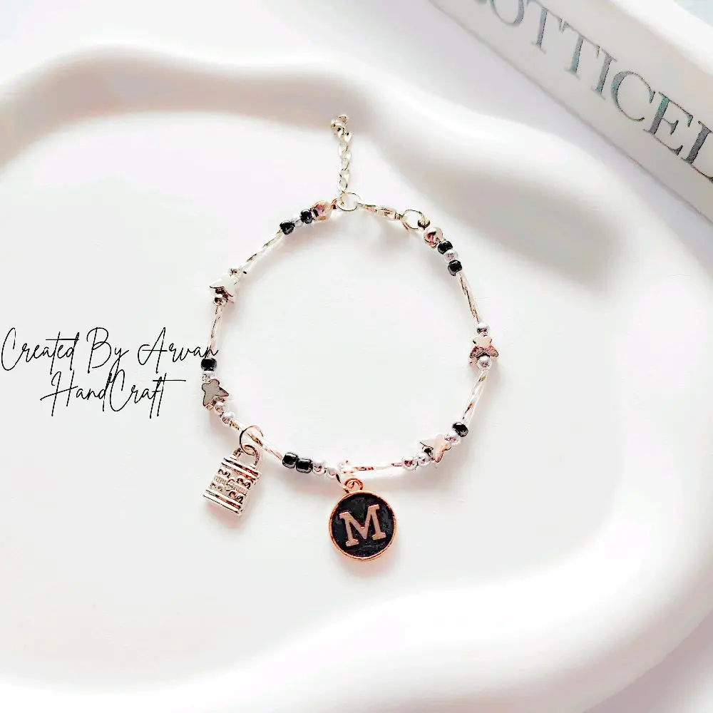 Gelang Sparkling Inisial Padlock Beads Hitam Bracelet Aksesoris