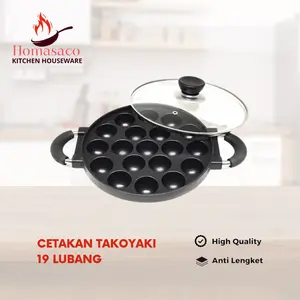 Homasaco Cetakan Takoyaki 19 Lubang Anti Lengket + Tutup kaca